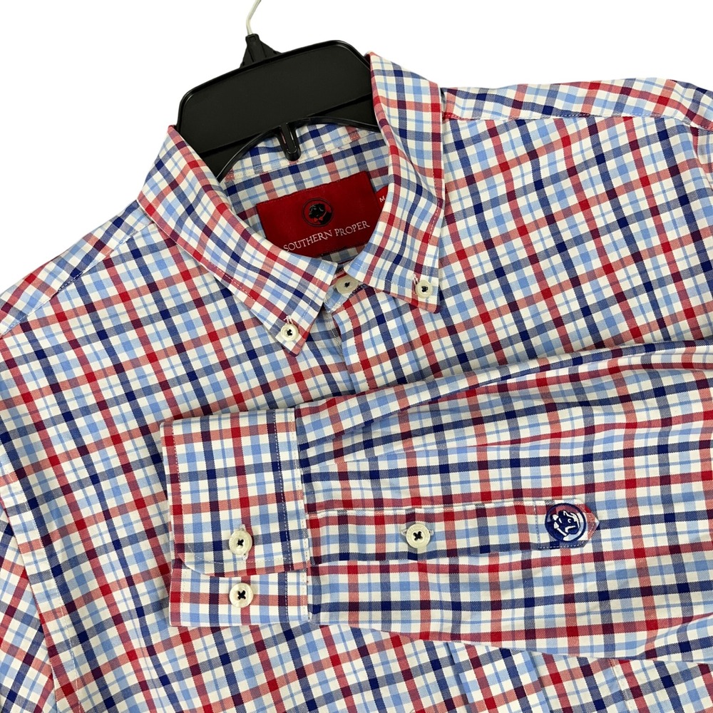 Southern Proper Tailored Fit Plaid Button Down Shirt Red White Blue M Mens